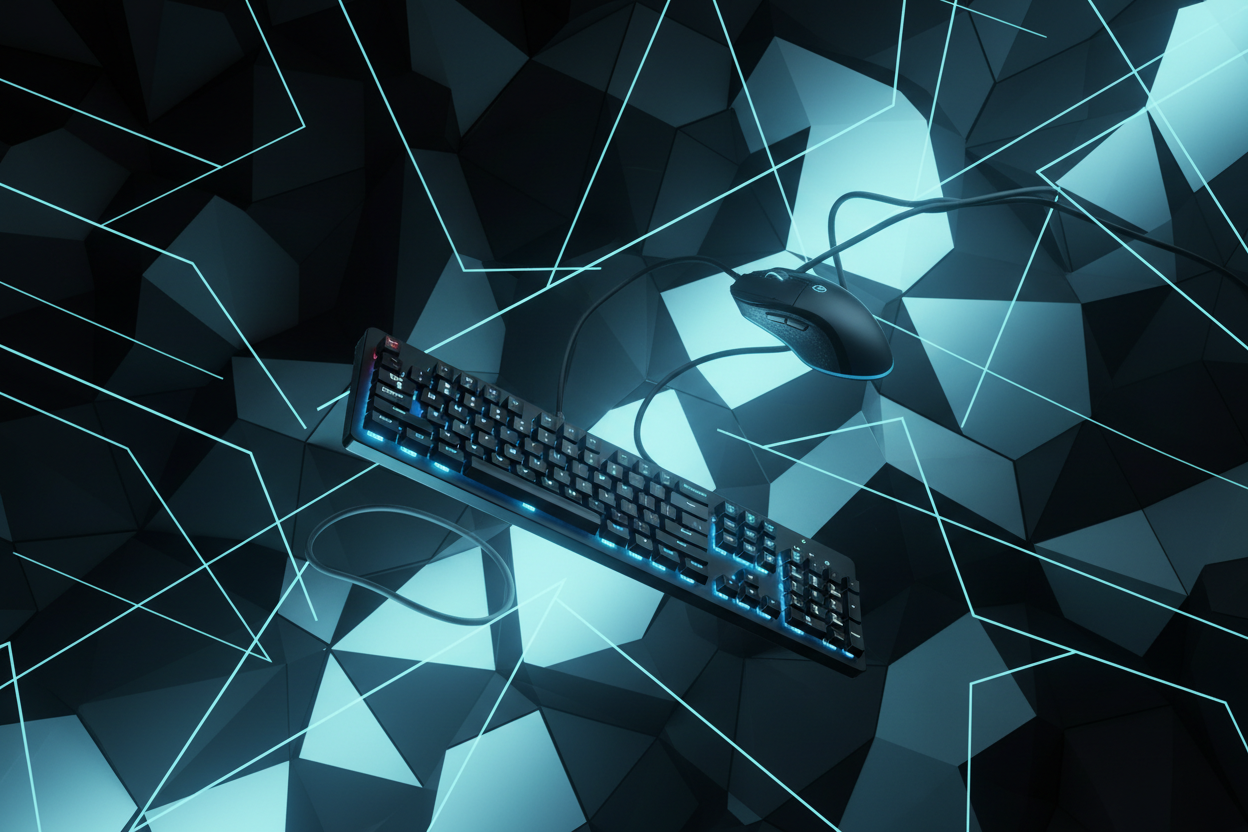 水色と黒の幾何学模様の背景に、マウスとキーボードが浮いている画像を生成して