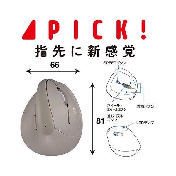 ナカバヤシ PICK! 無線ミニエルゴ静音5ボタンBlueLEDマウス グレージュ MUS-RKF222GY