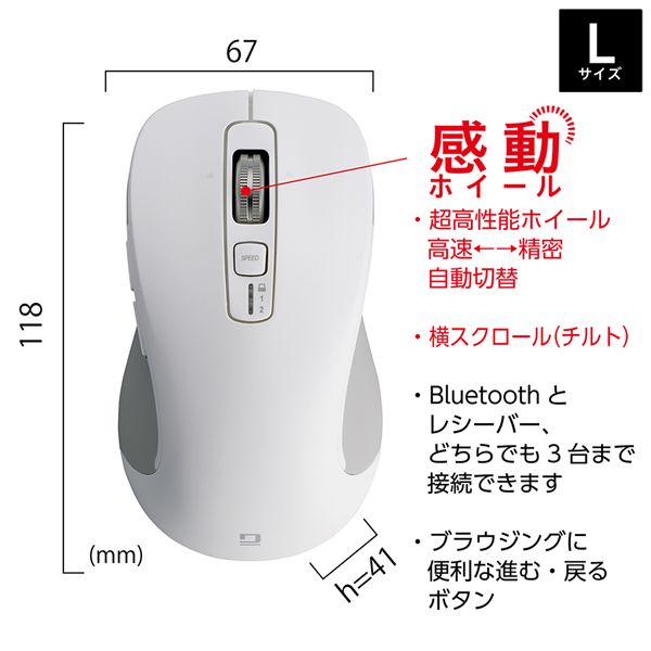 Digio2 感動ホイールマウス 静音5ボタンBlueLEDマウス L ホワイト MUS-DKF243-W