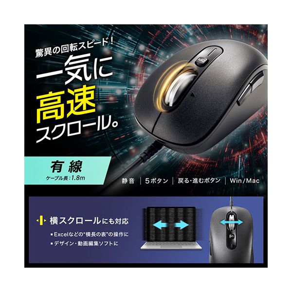 サンワサプライ 静音有線マウス チルトホイール 高速スクロール ブラック MA-YBS531BK