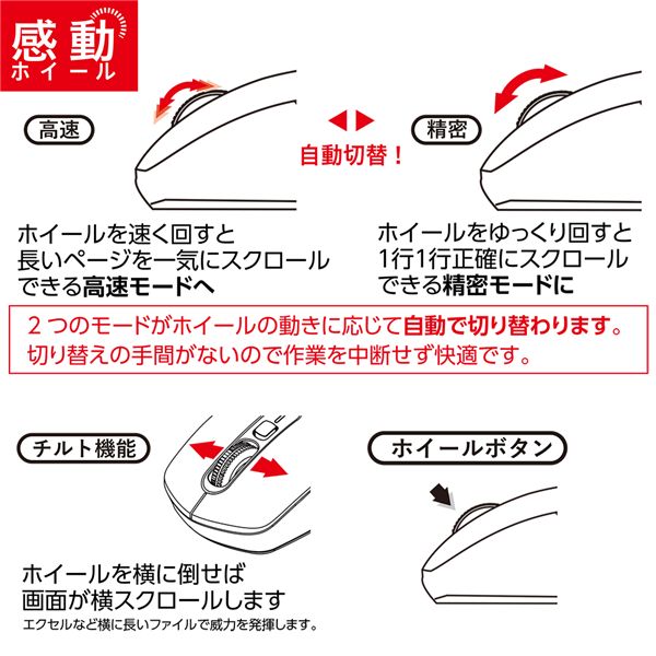 Digio2 感動ホイールマウス 静音5ボタンBlueLEDマウス L ブラック MUS-DKF243-BK