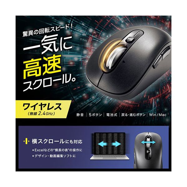 サンワサプライ 静音ワイヤレスマウス チルトホイール 高速スクロール ブラック MA-WBS530BK